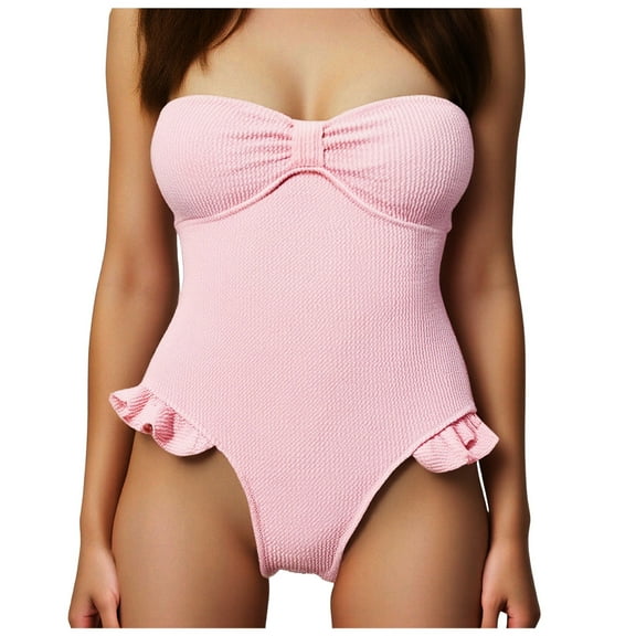 TTUHYWXI Women's Bandeau Ruffle Tummy Control One Piece Swimsuit Slimming Ruched Strapless Bathing Suit (Pink, L)