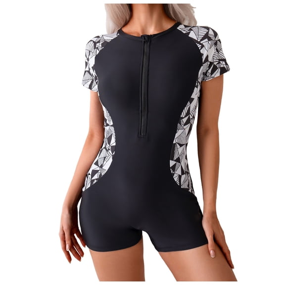 TTUHYWXI Women's Boyleg One Piece Rash Guard with Built in Bra Zip Front UPF50  Short Sleeve Full Body Surfing Swimsuit (Black, S)