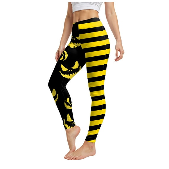 TTUHYWXI Women's Brushed Pumpkin Print Halloween Ankle Length Seasonal Printed Leggings (Yellow, XXL)