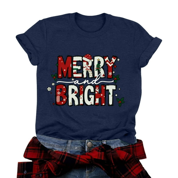 TTUHYWXI Women's Buffalo Plaid Tees Casual Short Sleeve Merry Letter Printed Graphic Blouse Tops (Navy, XXL)