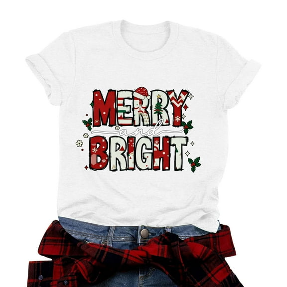 TTUHYWXI Women's Buffalo Plaid Tees Casual Short Sleeve Merry Letter Printed Graphic Blouse Tops (White, XL)