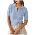 thumbnail image 1 of TTUHYWXI Women's Cable Short Sleeve Sweaters Tops Solid Lapel V Neck Knit Casual Soft Pullover Shirt (Blue, M), 1 of 9