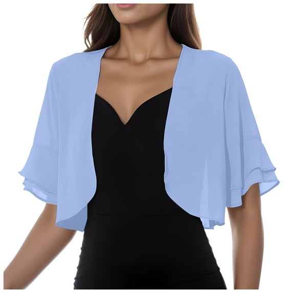 TTUHYWXI Women's Cardigan Bolero Shrug Ruffle Short Sleeve Open Front Loose Sheer Jackets for Tops (Blue, One Size)