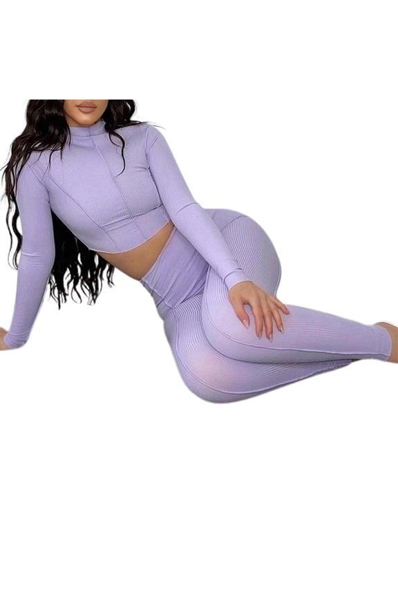 Women’s Casual 2 Piece Outfits Sexy Bodycon Long Sleeve Crop Top with Long Pants Tracksuit Set Jumpsuits (Purple, S)