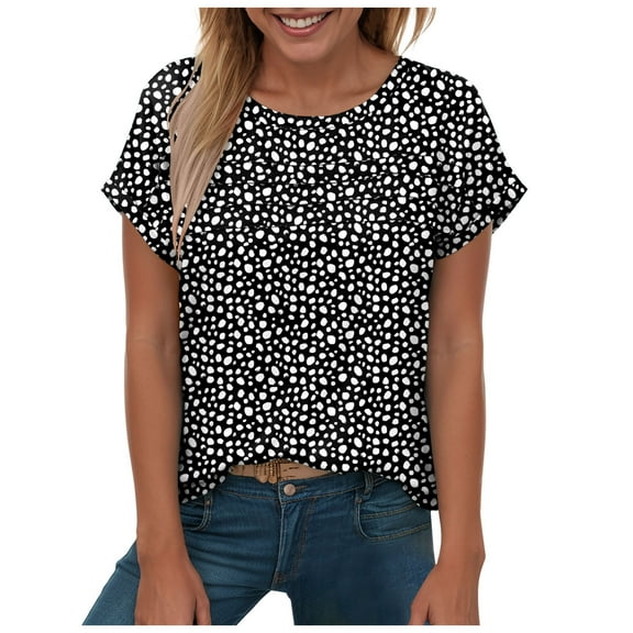 TTUHYWXI Women's Casual Round Neck Basic Pleated Tops Short Sleeve Loose Fit Curved Keyhole Back Chiffon Blouses Tshirts (Black, XL)