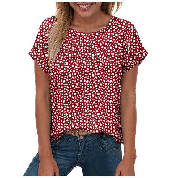 TTUHYWXI Women's Casual Round Neck Basic Pleated Tops Short Sleeve Loose Fit Curved Keyhole Back Chiffon Blouses Tshirts (Red, S)