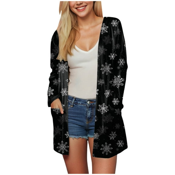 TTUHYWXI Women's Christmas Cardigan Sweaters Funny Xmas Graphic Open Front Cardigan Long Sleeve Holiday Outwear (Dark Gray, L)