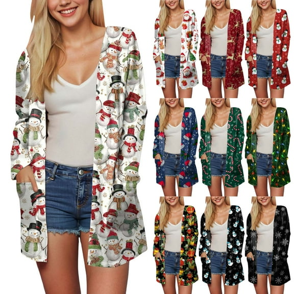 TTUHYWXI Women's Christmas Cardigan Sweaters Funny Xmas Graphic Open Front Cardigan Long Sleeve Holiday Outwear (Dark Green, M)