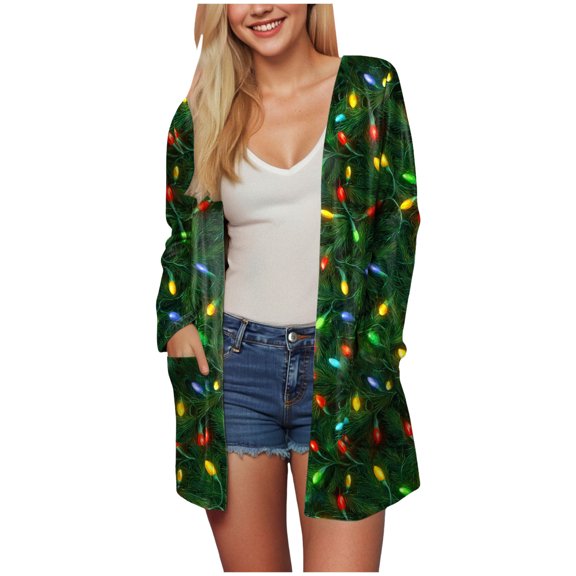 TTUHYWXI Women's Christmas Cardigan Sweaters Funny Xmas Graphic Open Front Cardigan Long Sleeve Holiday Outwear (Green, XXL)