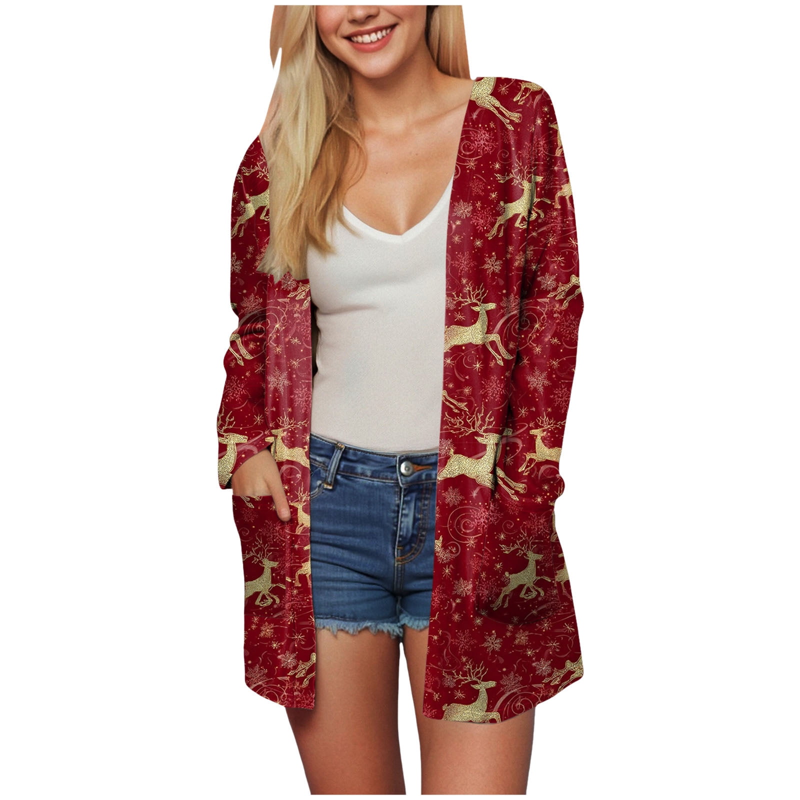 TTUHYWXI Women's Christmas Cardigan Sweaters Funny Xmas Graphic Open ...