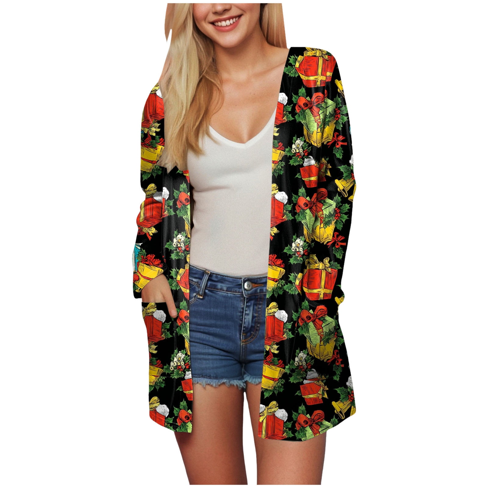 TTUHYWXI Women's Christmas Cardigan Sweaters Funny Xmas Graphic Open ...