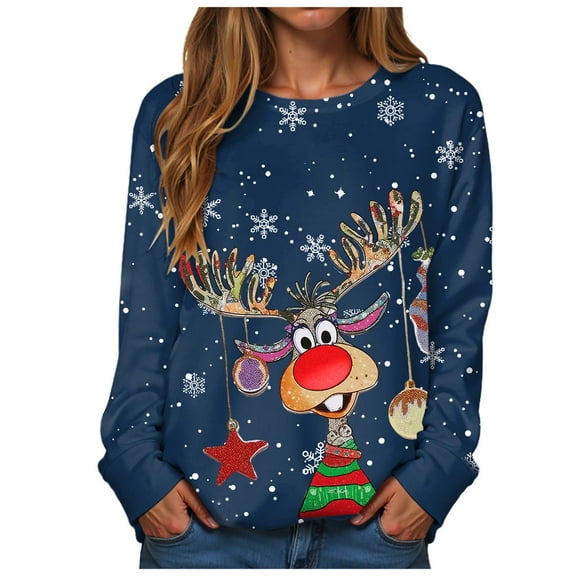 TTUHYWXI Women's Christmas Sweatshirt Xmas Red Nose Reindeer Print Long Sleeve Crewneck Holiday Pullover Casual Winter Tops (Dark Blue, XXL)
