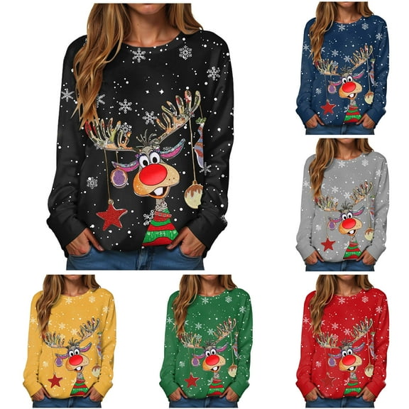 TTUHYWXI Women's Christmas Sweatshirt Xmas Red Nose Reindeer Print Long Sleeve Crewneck Holiday Pullover Casual Winter Tops (Grey, XL)