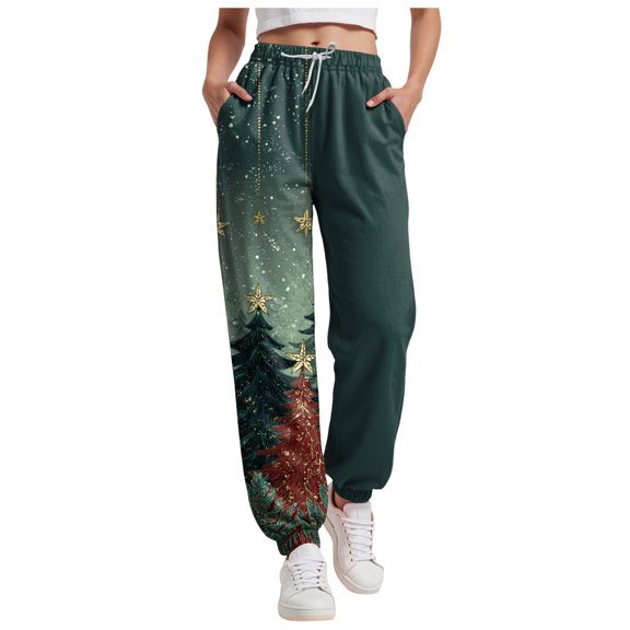 TTUHYWXI Women's Christmas Yoga Pants Xmas Tree Snowflake Printed Drawstring Wide Leg Trousers High Waist Lounge Pant 2025 (Dark Green, XL)