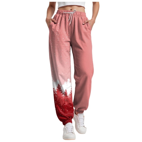 TTUHYWXI Women's Christmas Yoga Pants Xmas Tree Snowflake Printed Drawstring Wide Leg Trousers High Waist Lounge Pant 2025 (Pink, S)