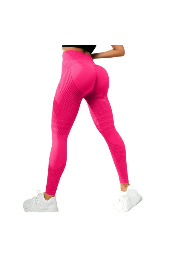 Women's Compression Leggings Lifting Work Out Athletic Gym High Waist Tummy Control Stretchy (Hot Pink, L)
