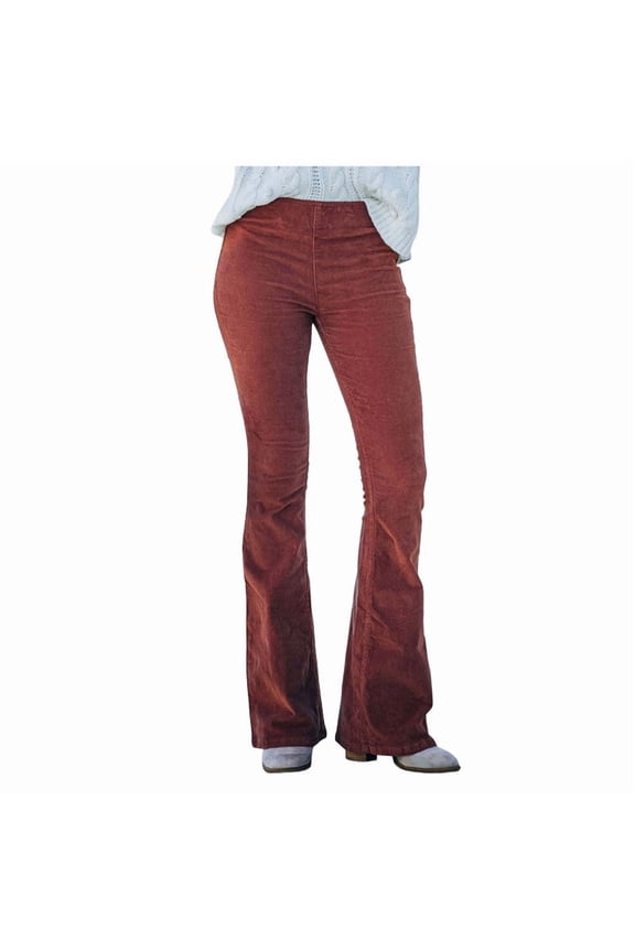 Women's Corduroy Flare Pants Elastic Waist Bell Bottom Trousers 2025 Fall Pants (Brick Red, M)