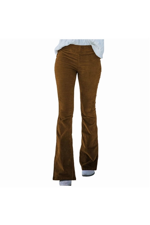 Women's Corduroy Flare Pants Elastic Waist Bell Bottom Trousers 2025 Fall Pants (Brown, XXL)