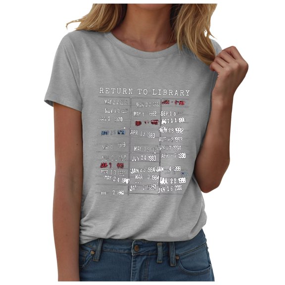 TTUHYWXI Women's Crew Neck Short Sleeve Tee Top Library Card Due Date Stamp Book Lover Reading Vintage Read T-Shirt (Light Gray, 3XL)