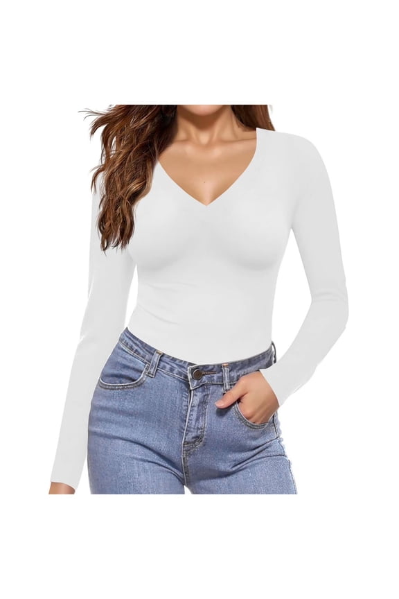 Women's Cross Wrap Ruched Plunge Sexy Deep V Neck Slim Fit Long Sleeve T Shirt Tunic Tops Tee (White, XS)