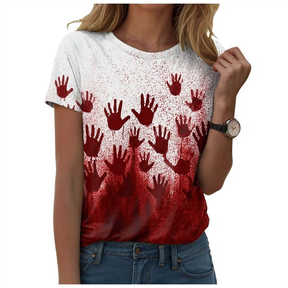 TTUHYWXI Women's Halloween Shirts Suitable Halloween Printing Short Sleeve Funny Casual Trendy Humor Tops (, L)