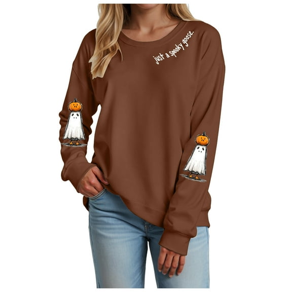 TTUHYWXI Women's Halloween Sweatshirts Funny Spooky Season Tops Graphic Cute Ghost Sweater Crewneck Long Sleeve Pullover (Brown, M)