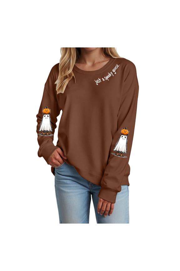 Women's Halloween Sweatshirts Funny Spooky Season Tops Graphic Cute Ghost Sweater Crewneck Long Sleeve Pullover (Brown, M)