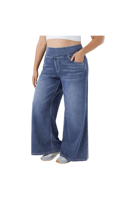 Women's High Rise Wide Leg Jeggings - Stretch Pull On Jeans-Style Pants, Soft Denim with Pockets (Blue1, XXL)