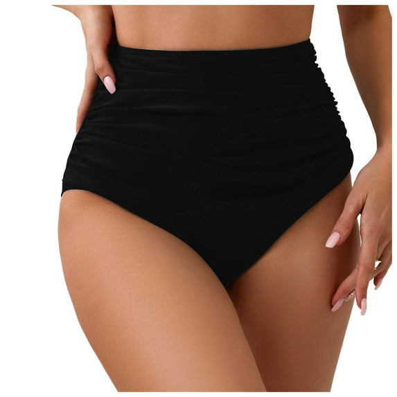 TTUHYWXI Women's High Waisted Bikini Bottoms Ruched Tummy Control Bathing Suit Bottom Full Coverage Swimsuit (Black, M)