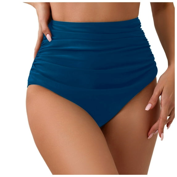 TTUHYWXI Women's High Waisted Bikini Bottoms Ruched Tummy Control Bathing Suit Bottom Full Coverage Swimsuit (Blue2, L)