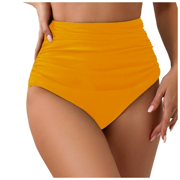 TTUHYWXI Women's High Waisted Bikini Bottoms Ruched Tummy Control Bathing Suit Bottom Full Coverage Swimsuit (Yellow, S)