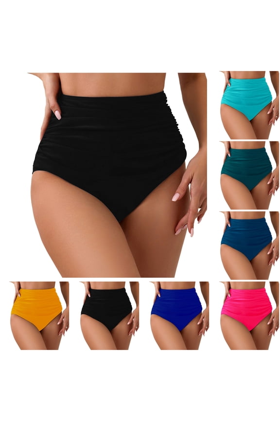 Women's High Waisted Swimsuit Bottom Tummy Control Ruched Bikini Bottom Vintage Swim Bottom Tankini Briefs (Hot Pink, XXL)