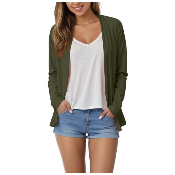 TTUHYWXI Women's Linen Cardigan 3/4 Sleeve Open Front Loose Cover Ups Lightweight Shrug (Army Green, S)