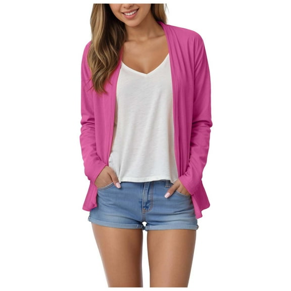 TTUHYWXI Women's Linen Cardigan 3/4 Sleeve Open Front Loose Cover Ups Lightweight Shrug (Hot Pink, S)