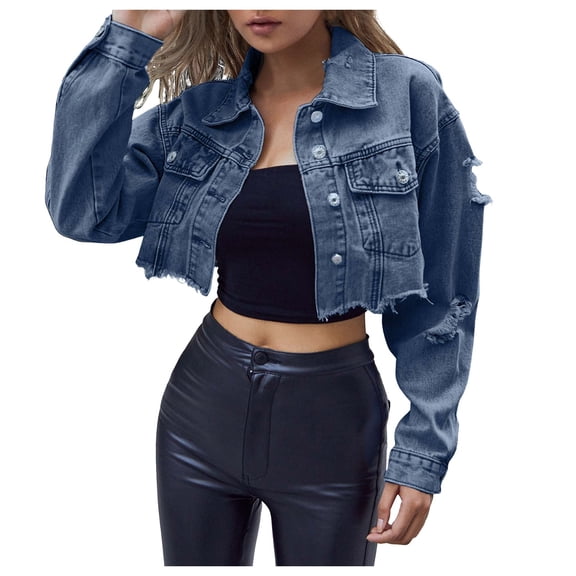 TTUHYWXI Women's Long Sleeves Denim Jean Jacket Regular Fit Single Breasted Crop Hem Denim Jacket (Navy, M)