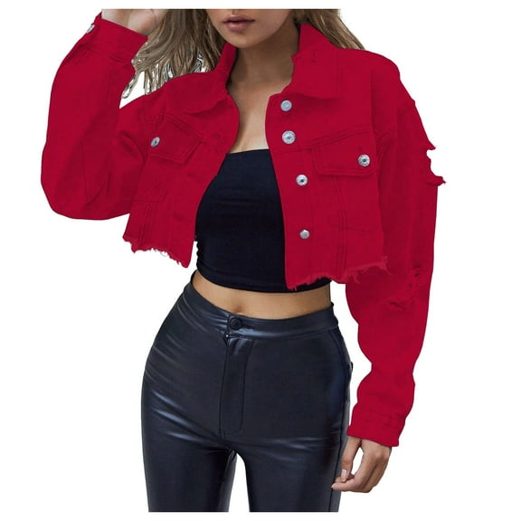 TTUHYWXI Women's Long Sleeves Denim Jean Jacket Regular Fit Single Crop Hem Denim Jacket (Red, XS)
