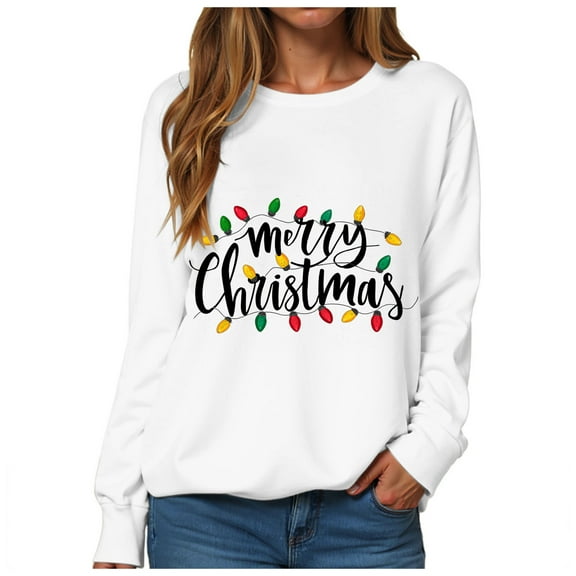 TTUHYWXI Women's Merry Christmas Oversized Pullover Sweatshirt With Lights - Holiday Xmas Sweater Top (White, L)