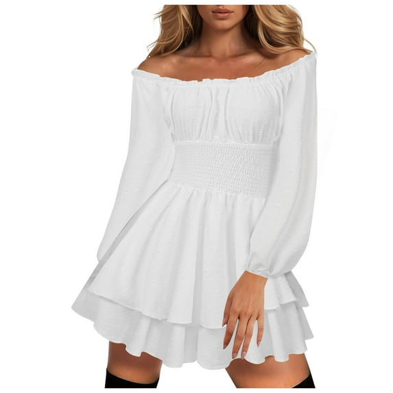 TTUHYWXI Women's Off Shoulder Flowy Corset Mini Dress Square Neck Smocked Ruffle Romper Y2k A Line Swing Fairy Short Dresses (White, L)