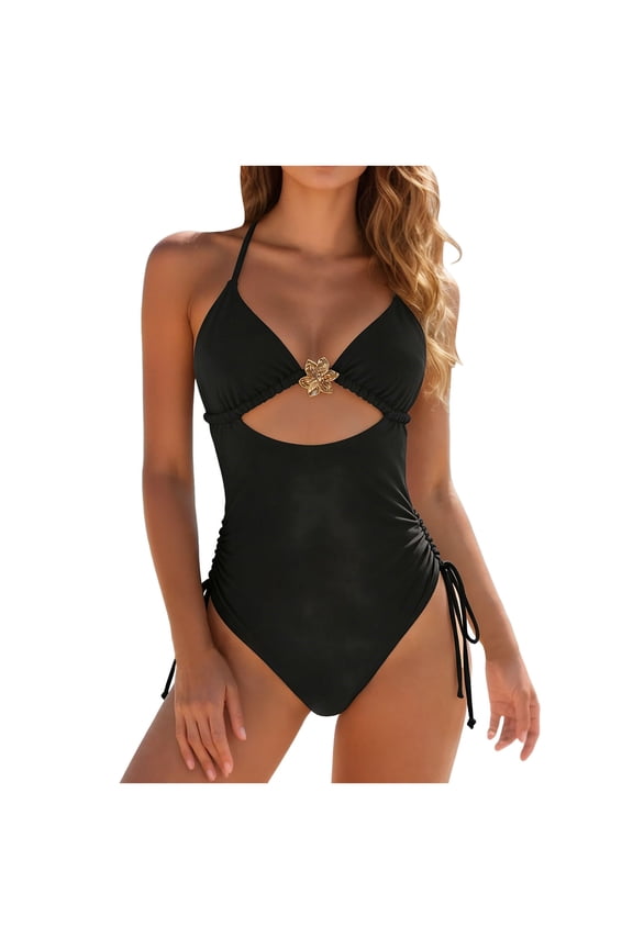 Women's One Piece Metal Cut Out Halter Swimsuit Sexy Deep V Neck Open Back Swimwear (Black, L)