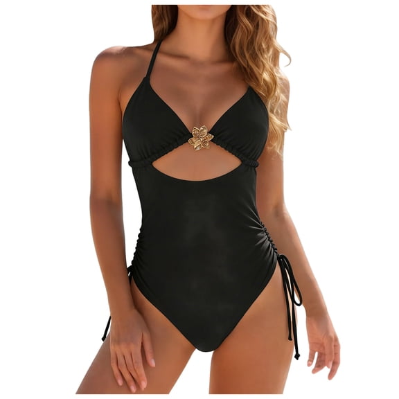 TTUHYWXI Women's One Piece Metal Cut Out Halter Swimsuit Sexy Deep V Neck Open Back Swimwear (Black, M)
