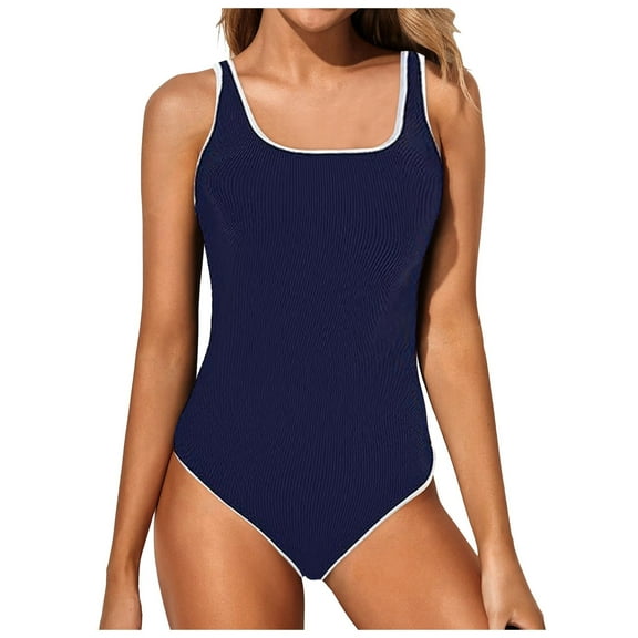 TTUHYWXI Women's One Piece Swimsuit Sports Adjustable Strap Bathing Suit Color Block Ribbed High Cut Swimsuits (Dark Blue, M)