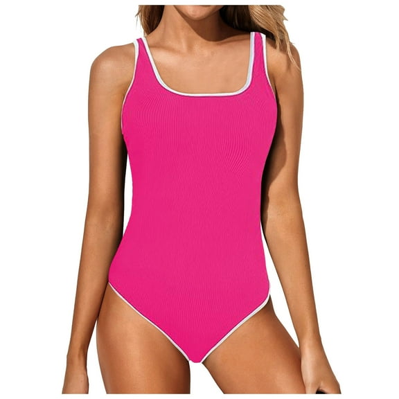 TTUHYWXI Women's One Piece Swimsuit Sports Adjustable Strap Bathing Suit Color Block Ribbed High Cut Swimsuits (Hot Pink, XL)