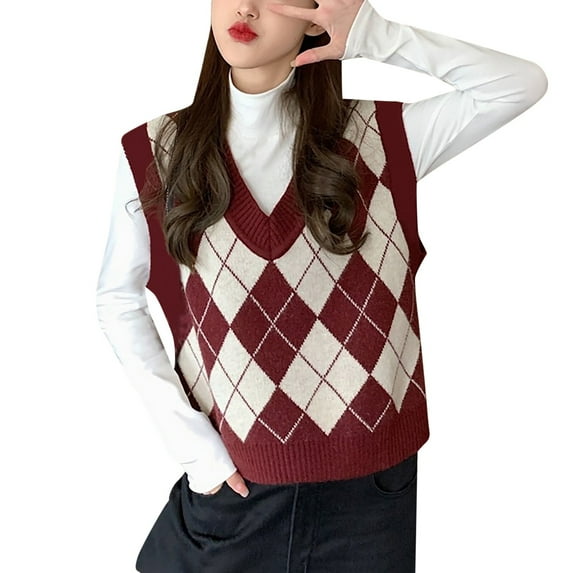TTUHYWXI Women's Plaid Geo Sleeveless V Neck Knit Crop Top Sweater Vest (Red, S)