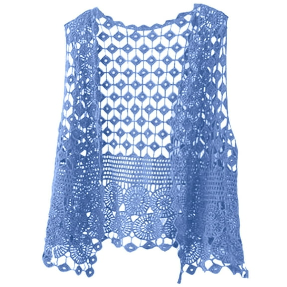 TTUHYWXI Women's Plus Size Fringe Vest Sleeveless Cardigan Open Front Hollow Out Crochet Knit Boho Vest (Blue, One Size)