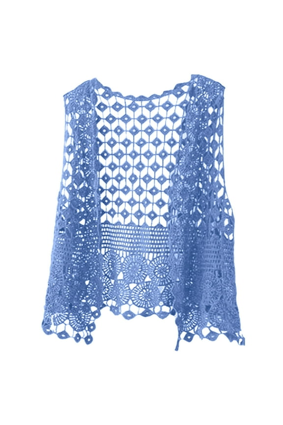 Women's Plus Size Fringe Vest Sleeveless Cardigan Open Front Hollow Out Crochet Knit Boho Vest (Blue, One Size)
