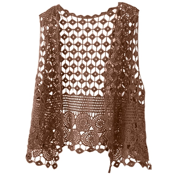 TTUHYWXI Women's Plus Size Fringe Vest Sleeveless Cardigan Open Front Hollow Out Crochet Knit Boho Vest (Coffee, One Size)