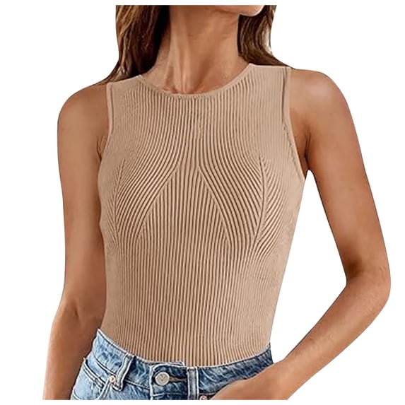 TTUHYWXI Women's Crochet Striped Tank Tops Sleeveless Round Neck Trendy Cute Summer Lightweight Sweater Vest Top (Khaki, M)