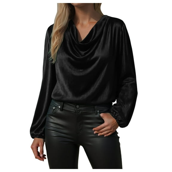 TTUHYWXI Women's Satin Silky Cowl Neck Drape Ruched Front Long Sleeve Blouse Shirt Top (Black, M)