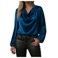thumbnail image 1 of TTUHYWXI Women's Satin Silky Cowl Neck Drape Ruched Front Long Sleeve Blouse Shirt Top (Navy, L), 1 of 7