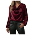 thumbnail image 1 of TTUHYWXI Women's Satin Silky Cowl Neck Drape Ruched Front Long Sleeve Blouse Shirt Top (, S), 1 of 7